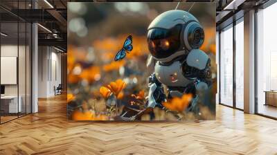 little cute robot lost in a summer field on a beautiful day discovering the earth and exploring nature with curiosity being surprised by a butterfly.illustration Wall mural