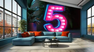 number five glowing in the dark pink blue neon light Wall mural