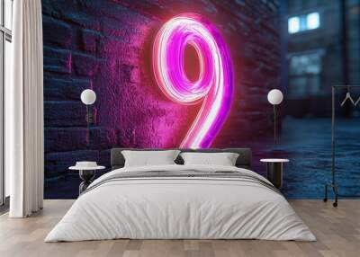 number nine glowing in the dark pink blue neon light Wall mural