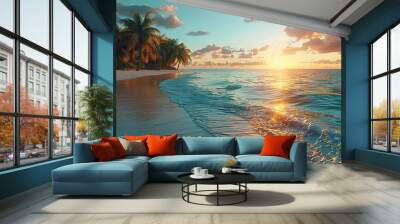 paradise beach with palm trees and calm ocean at dawn or sunset panoramic banner of a peaceful landscape .stock photo Wall mural