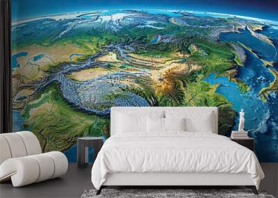 physical map of east asia china with high resolution details flattened satellite view of planet earth its geography and topography elements of this image furnished .illustration stock image Wall mural