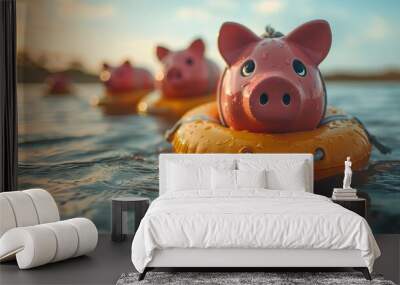 pink piggy bank floats in a buoy on sea water trying not to sink concept of investment failure debt issue bankruptcy rescue in economy crisis budget emergency.stock photo Wall mural