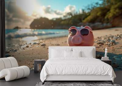 pink piggy bank with sunglasses relaxing on a beach in summer next to gold coins vacation budget holiday savings investment success banking wealth income and profit in finance.stock photo Wall mural