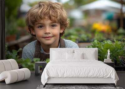 portrait of boy in gardening apron taking care of small vegetable plants in raised bed childhood outdoors in garden Wall mural