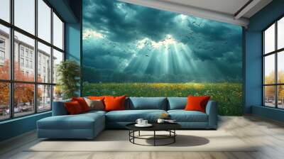 stormy sky sunlight and birds flying away.illustration stock image Wall mural