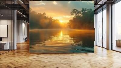 tropical river flow through the jungle forest at sunset or sunrise amazon river flowing in rainforest.illustration stock image Wall mural