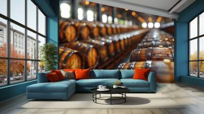 whiskey bourbon scotch barrels in an aging facilityillustration image Wall mural