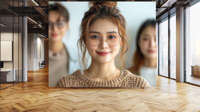 young asian happy woman model wearing glasses smiling and holding digital tablet on , white background technology people connection online social media market banner.image Wall mural