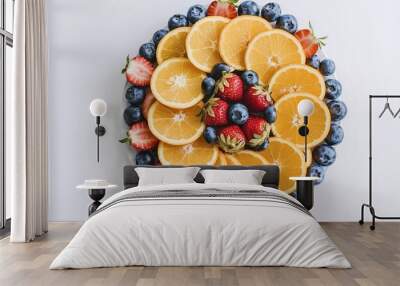 Sliced ripe fresh fruit and berries in a plate isolated on a white background Wall mural