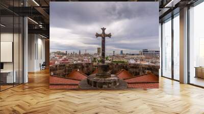 View of the roofs of Barri Gotic from the Cathedral terrace. A cross in the foreground, the harbor in the back. Barcelona. Wall mural