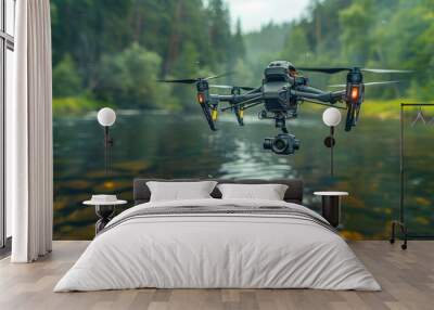 A black drone with a camera flies over a river in a wooded area. The drone is in focus while the river and trees are out of focus. Wall mural