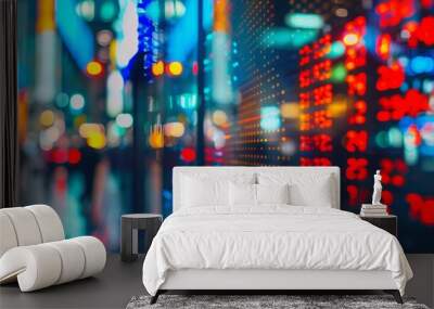 A blurred image of a stock ticker display with city lights reflecting on the screen at night. Wall mural