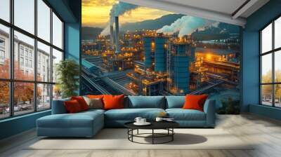 A carbon capture system operates on a coal-fired power plant, with smoke billowing and lights glowing at dusk. Wall mural