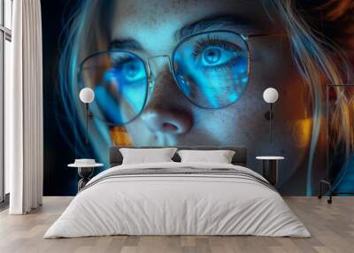 A close up portrait of a young woman with blue eyes, wearing glasses, and blonde hair. Her eyes are looking off to the side, and the reflection of blue light can be seen in her glasses. Wall mural