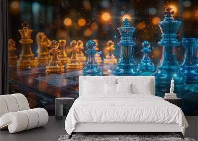 A close-up shot of a holographic chess game with blue and orange pieces, showcasing a dynamic and futuristic approach to the classic game. Wall mural