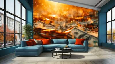 A close-up shot of US dollar bills and gold coins scattered on a surface, with a blurred background of the sun setting in the sky. Wall mural