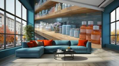 A close-up view of a shelf in a spa, showcasing an array of refillable beauty products, arranged neatly on wooden shelves. Wall mural