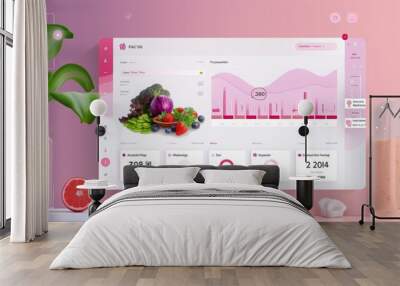 A computer screen displaying a clean and modern user interface design with colorful fruit and vegetable graphics. The screen shows various data and metrics, including charts and graphs, with a focus Wall mural