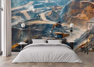 A dump truck drives through a massive open pit, hauling materials for construction or mining operations. Wall mural