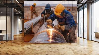 A group of men in work gear are actively working on pipes in the hot desert, surrounded by sand and barren landscape. Wall mural