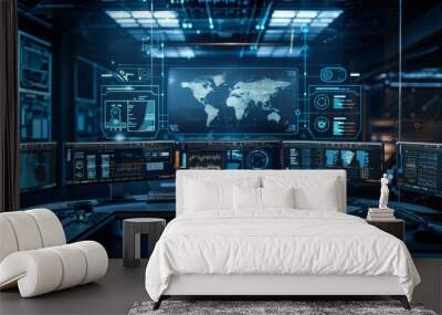 A high-tech command center with multiple screens displaying global data and analytics. Wall mural