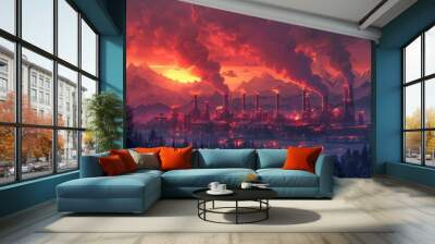 A large industrial complex spews smoke into the air as the sun sets over a mountain range. Wall mural