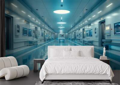 A long, sterile hospital hallway with blue flooring and bright lights, showcasing a futuristic design. Wall mural