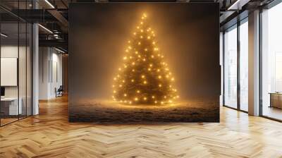 A minimalist Christmas tree made of clear string lights glowing in a dark winter setting Wall mural