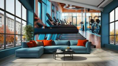 A modern gym with a row of treadmills lined up, ready for a workout. Wall mural