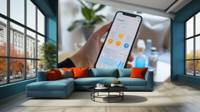 A person uses a smartphone app to control their smart home devices. The app interface is visible, showing various controls for lighting, temperature, and other devices. Wall mural