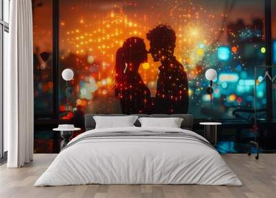 a romantic couple stands silhouetted against a window with a city lights background. the couple is f Wall mural