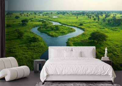 A serene river meanders through vibrant greenery, showcasing the beauty of a protected natural reserve. Wall mural