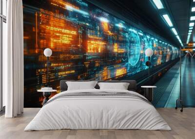 A vibrant holographic display illustrates a futuristic train platform, glowing with neon colors in a sleek urban space at night. Wall mural