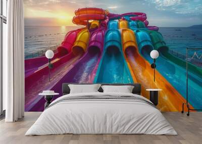 A vibrant water slide extends from a boat into the ocean, providing a thrilling ride for vacationers on a sunny day. Wall mural