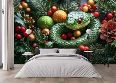 An illustrative green snake curving among holiday foliage with Christmas ornaments and pinecones Wall mural