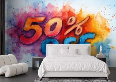 Bright colorful discount announcement for a sale featuring 50 percent off on products Wall mural