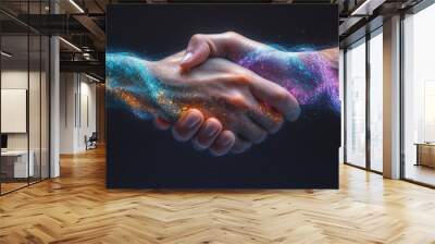 Colorful energy waves flow between two hands in a handshake, symbolizing unity and collaboration in a dark setting. Wall mural