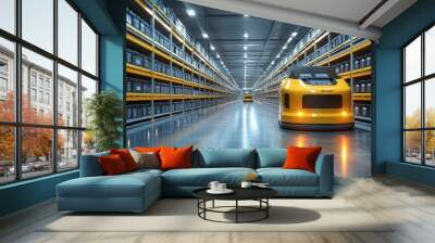 Futuristic distribution center with automated vehicles moving goods in a large warehouse Wall mural