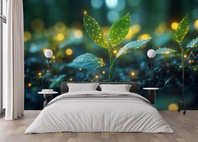 Holographic trees are vividly growing in a virtual forest, surrounded by sparkling lights, creating an enchanting atmosphere at twilight. Wall mural