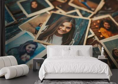 Multiple aged Polaroid snapshots arranged on a weathered wooden table, showcasing a mix of memories captured in retro style. Wall mural