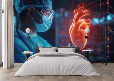 Skilled male cardio surgeon analyzes digital human heart hologram in state-of-the-art lab Wall mural