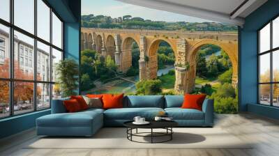 The ancient Roman aqueduct majestically spans a lush, green valley under a bright blue sky, showcasing impressive architectural prowess and historical significance. Wall mural