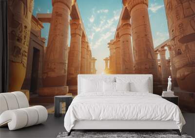 The setting sun illuminates the majestic columns of an ancient Egyptian temple in Luxor, highlighting intricate carvings and historic architecture. Wall mural