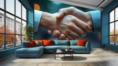 Two hands meet in a firm handshake, signifying mutual agreement and collaboration between the individuals. Wall mural