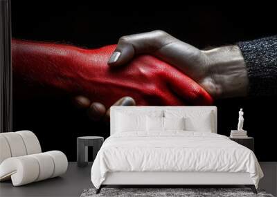 Two hands shake, one with red paint and the other with silver, symbolizing unity and diversity in a striking contrast. Wall mural