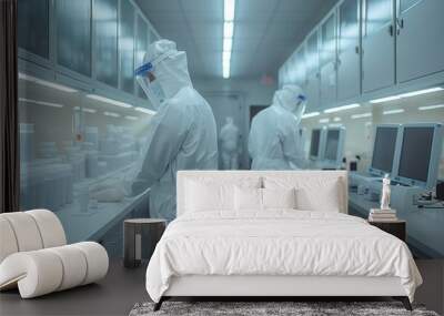 Two workers in protective suits examine samples in a laboratory setting. Wall mural