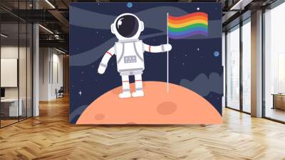 Astronaut holding LGBT flag on moon and milk way galaxy with stars and planets in the background. Copy space for design or text. Flat style design vector Wall mural