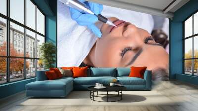 Young pretty girl having permanent makeup on lips in beautician salon. Cosmetologist applying tattoo with the professional and sterile tool. Close up, selective focus Wall mural