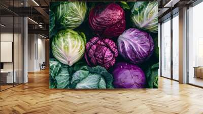 Colorful veggie background. Horizontal wallpaper full of cabbages. Local product and harvest season Wall mural