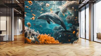 Dolphin intelligent sea marine animal. Photo of fauna on ocean bottom. Coral deep wild landscape Wall mural